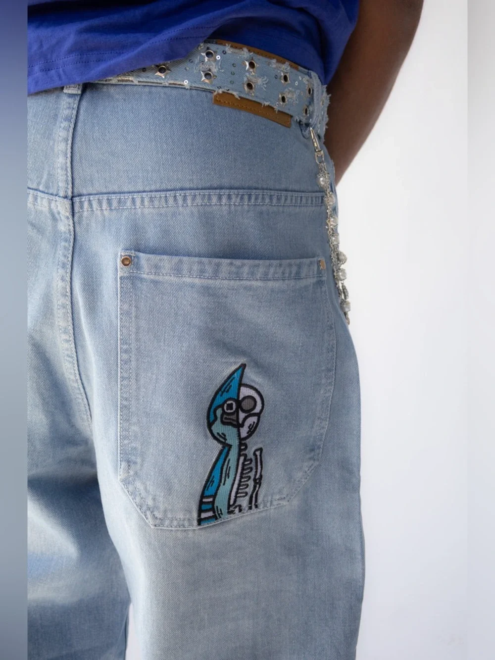 Splittoons Blue Bird Denim Light Wash Embroidered Baggy Jeans Streetwear Size 28